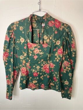 Vintage 90s Green Floral Puff Sleeve Blouse | Victorian Style Button Up Top​